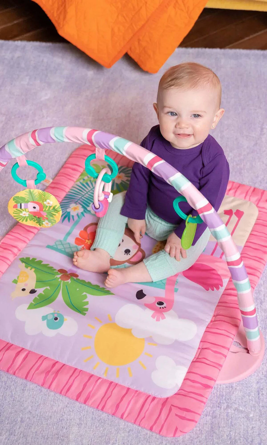 Bright Starts Pink Palms Tiki Toy Bar Activity Gym and Tummy Time Mat - Image 2