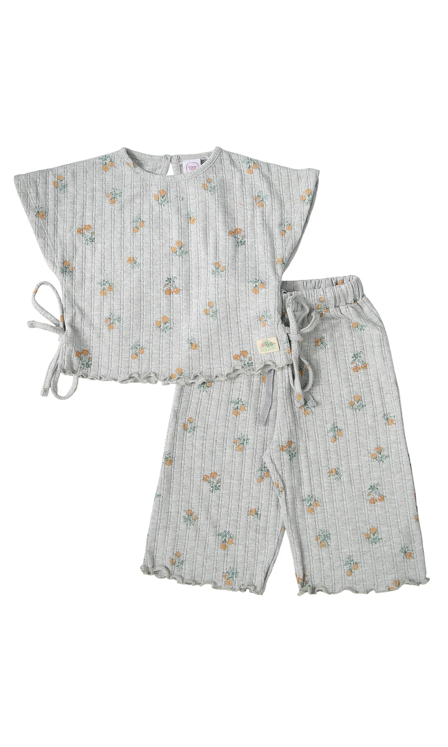 Girls 2 Pcs Suit Grey Floral Stripe Print