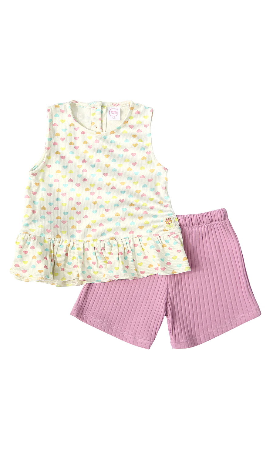 Girls 2 Pcs Summer Suit Cream Heart Print Peplum Top Dusty Pink Ribbed Shorts Set