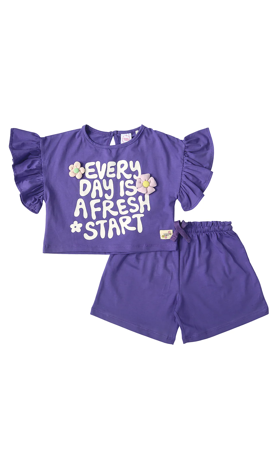 Girls 2 Pcs Summer Suit Purple Every Day Fresh Start Slogan Flutter Sleeve Shorts Set