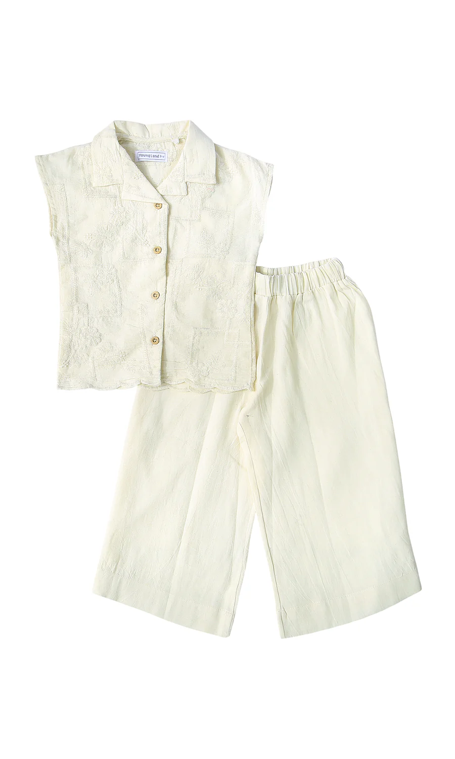 Girls 2-Piece Jacquard Sleeveless Shirt & Wide-Leg Pants Set Cream