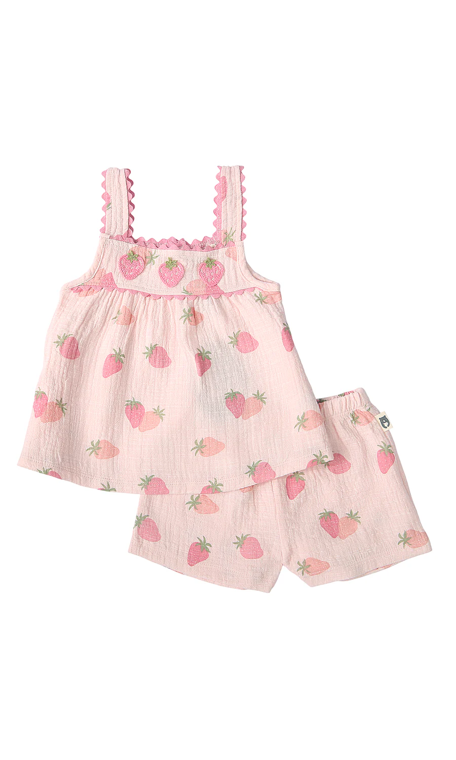 Girls 2 Piece Summer Suit Pale Pink Strawberry Print Ric-Rac Cami Top Shorts Set