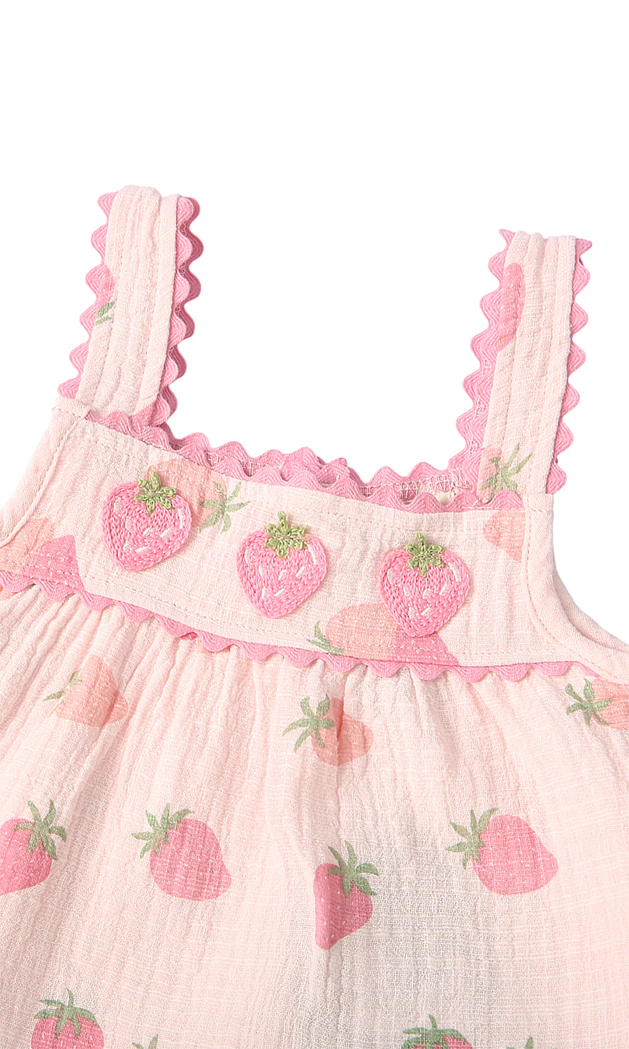 Girls 2 Piece Summer Suit Pale Pink Strawberry Print Ric-Rac Cami Top Shorts Set - Image 2