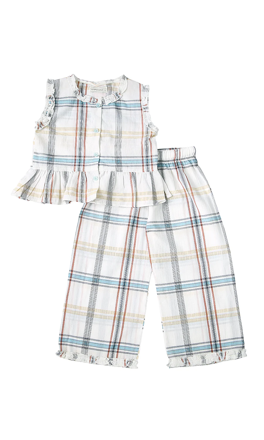 Girls 2 Piece Summer Suit White Multicolour Plaid Ruffle Set