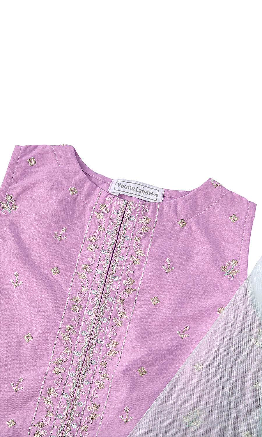 Girls 3 Piece Shalwar Kameez Lilac Booti Embroidery Dupatta Set - Image 2
