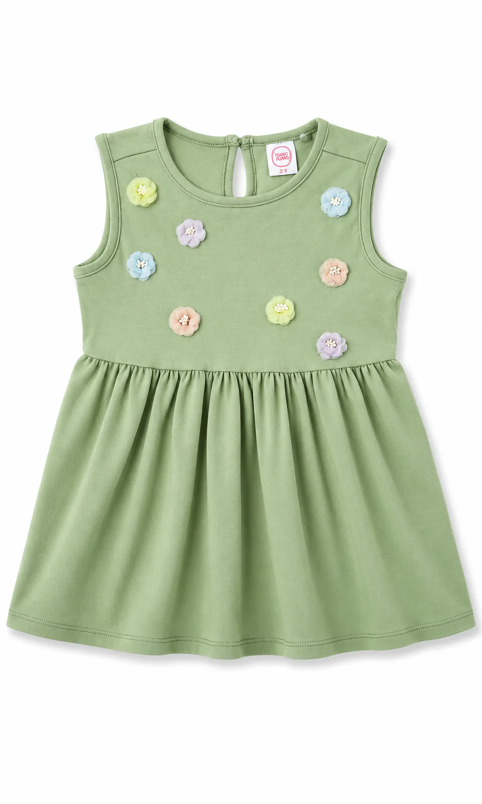 Girls 3D Rosette Flower Sleeveless Frock Sage Green