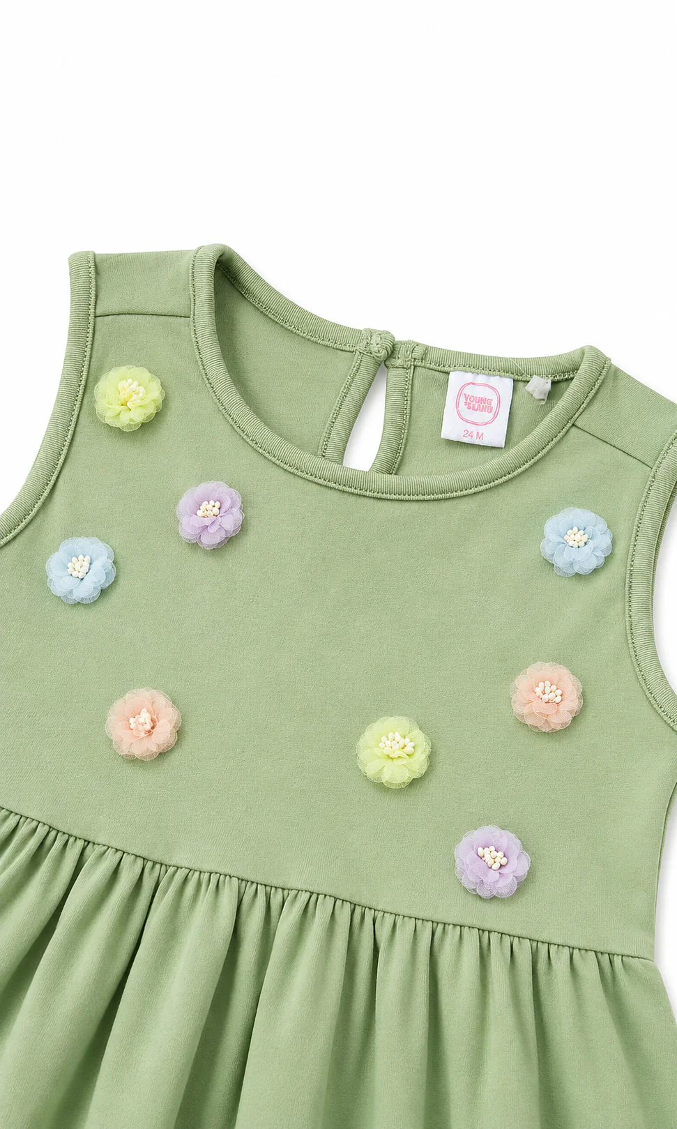 Girls 3D Rosette Flower Sleeveless Frock Sage Green - Image 2