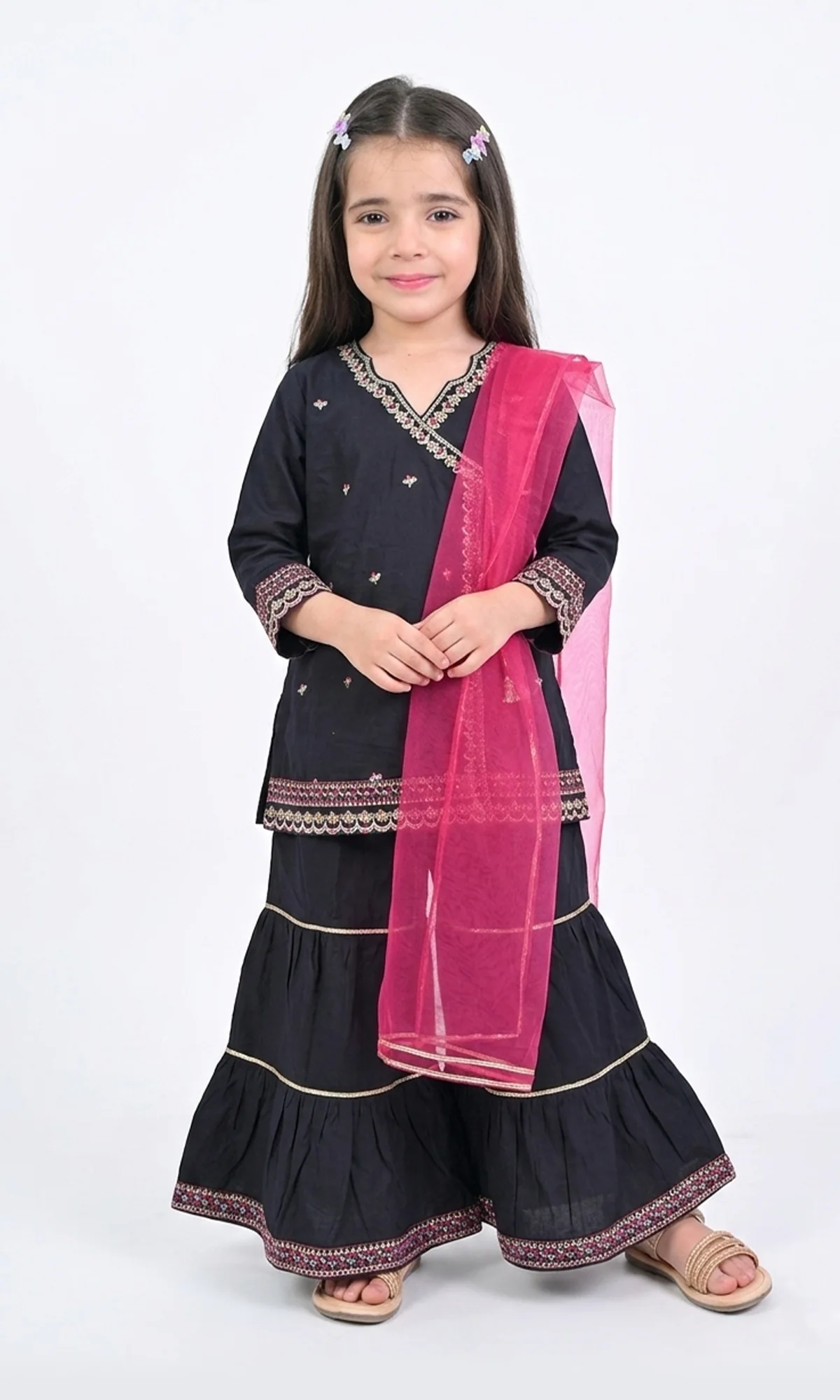 Girls Black & Pink Embroidered Sharara Suit
