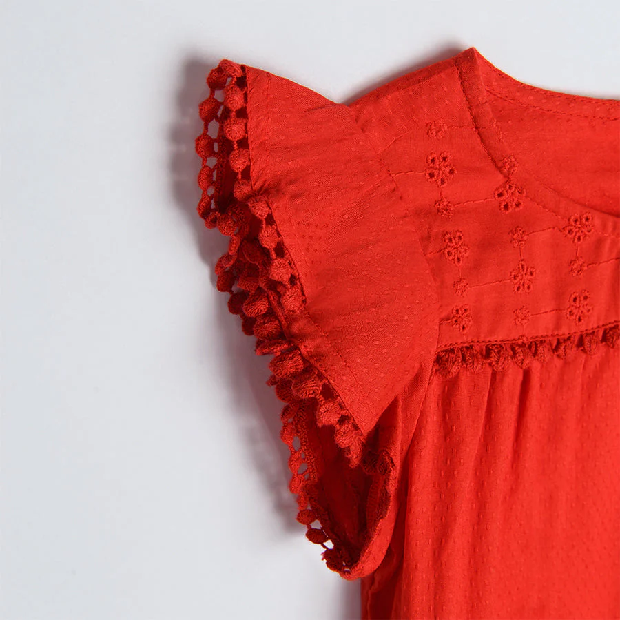 Girl's Blouse With Short Sleeves Red English Embroidery CC CCG2411988 - Image 3