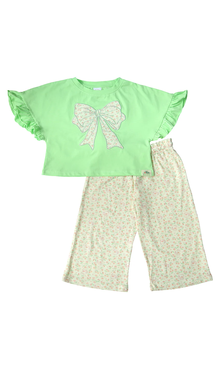 Girls Bow Appliqué Ruffle Top & Floral Trouser Set Mint Green
