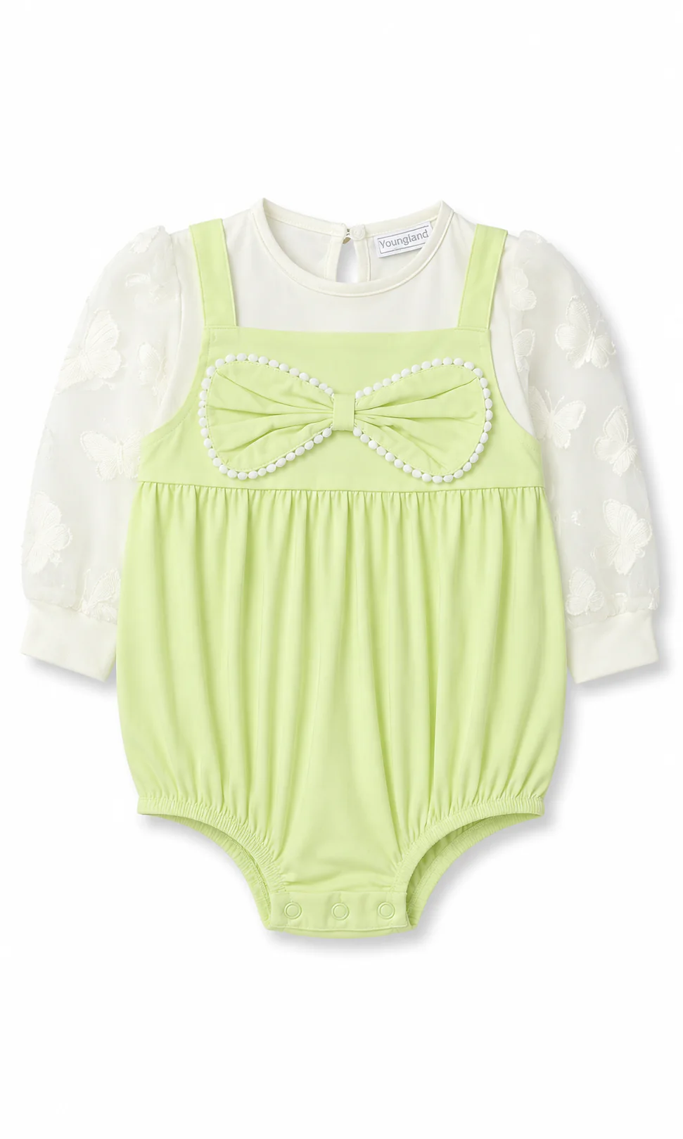 Girls Bow Detail Romper Set Lime Green & Cream