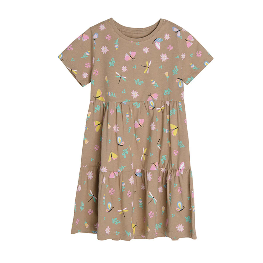 Girls Brown short sleeve dress with mix color butterflies - CC CCG2411193