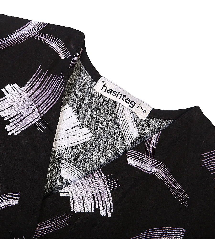 Girls Linen Printed Frock - Black - Image 2