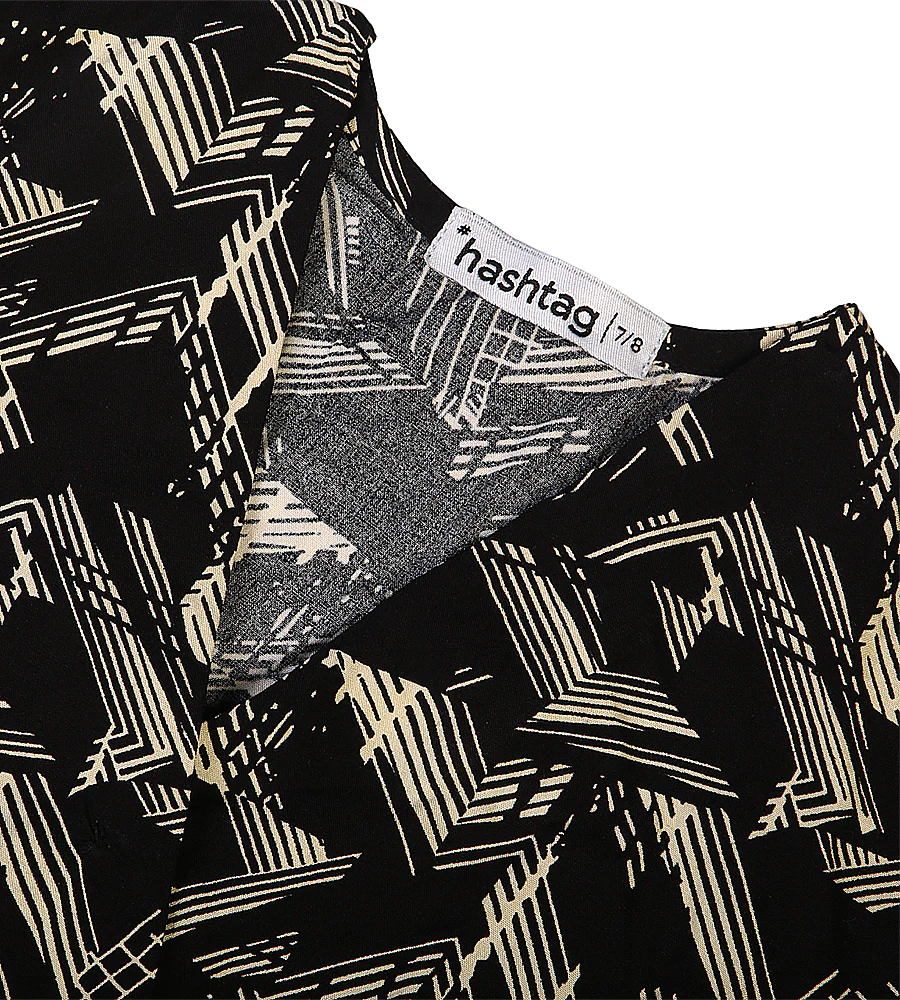Girls Linen Printed Frock - Black - Image 2