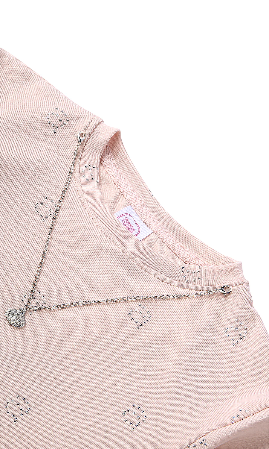 Girls Cotton T-Shirt Blush Pink Embellished Seashell Necklace Detail - Image 2