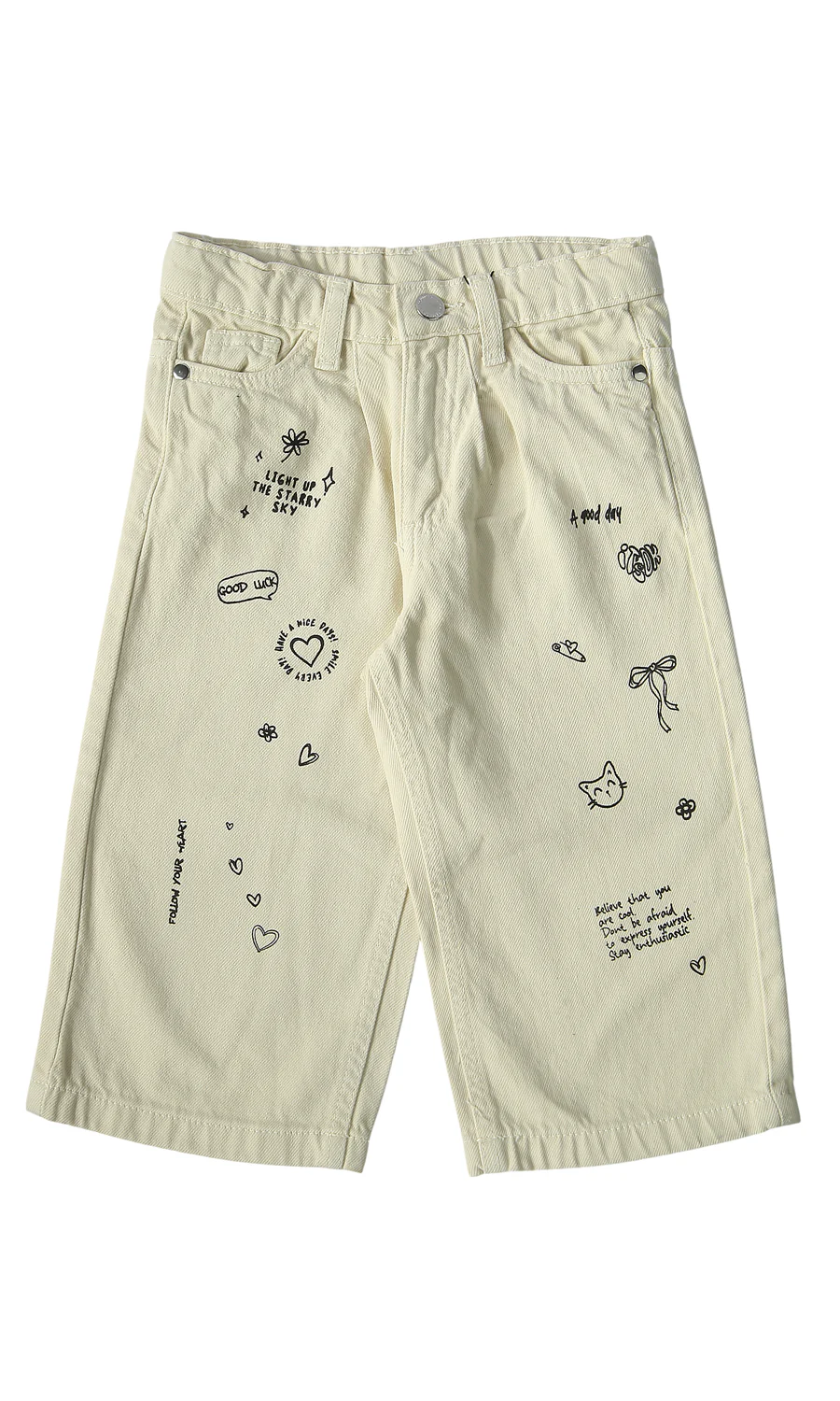 Girls Denim Pants Cream Doodle Print