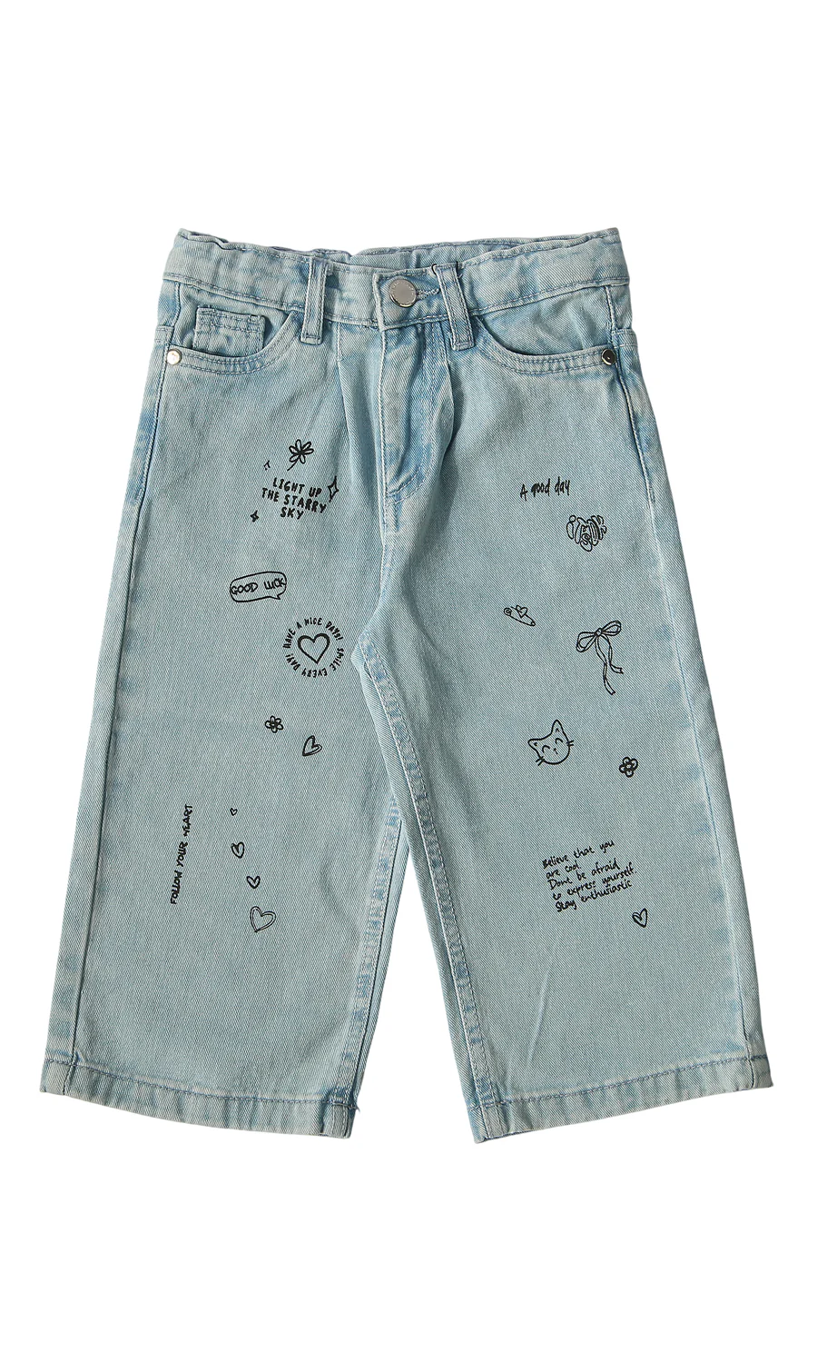 Girls Denim Pants Light Blue Doodle Print