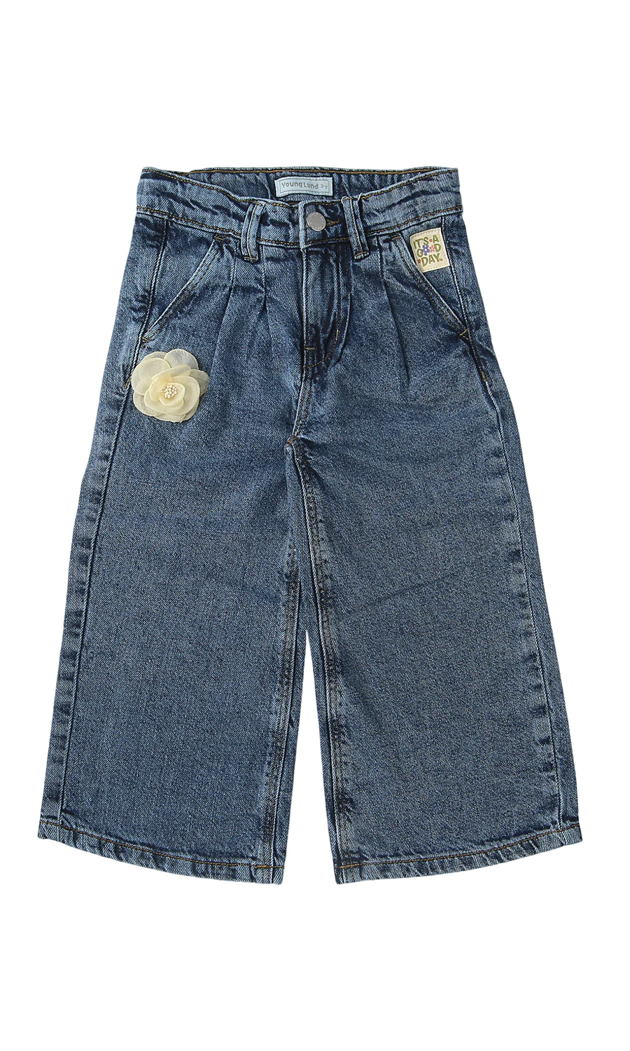 Girls Denim Pants Mid Blue Wide Leg Floral Corsage Detail