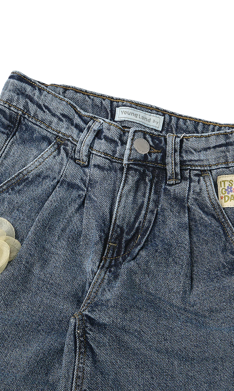 Girls Denim Pants Mid Blue Wide Leg Floral Corsage Detail - Image 2