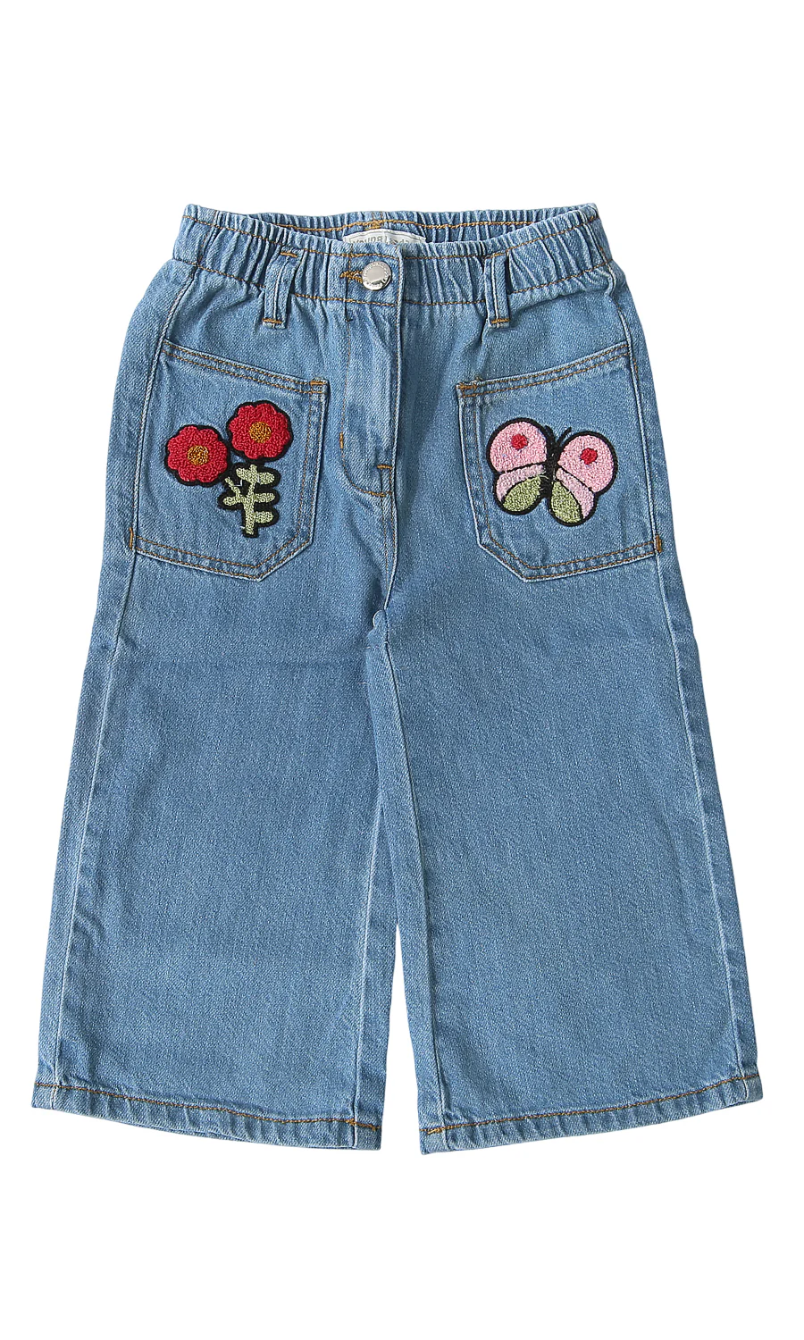Girls Denim Wide Leg Pants Light Blue Floral Butterfly Embroidered