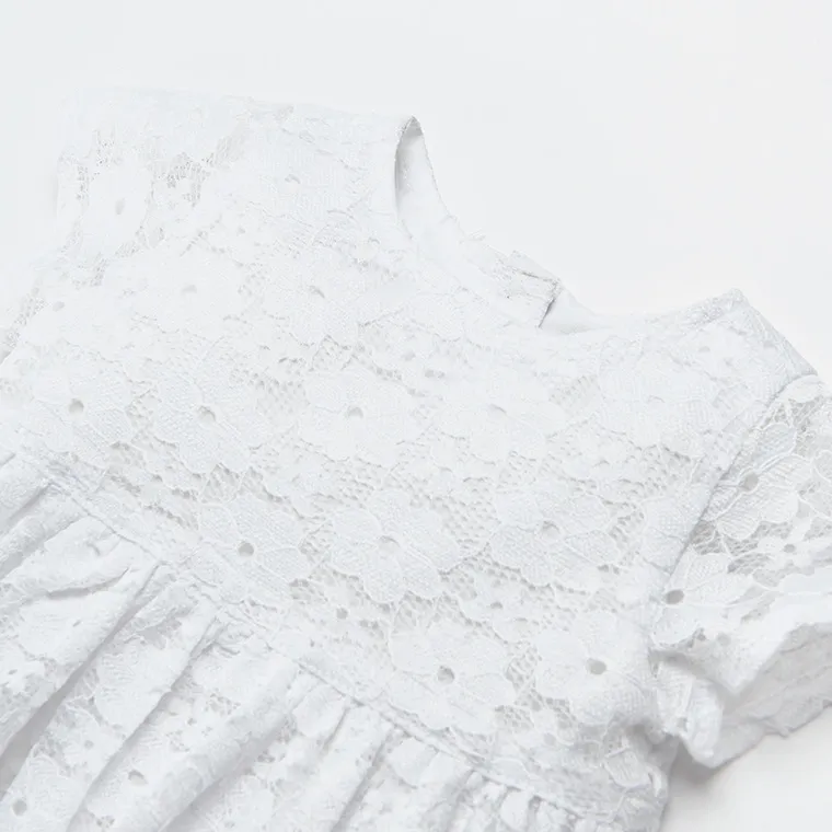 Girl's Dress With Short Sleeves Lace White CC CCG2400665 - Image 3