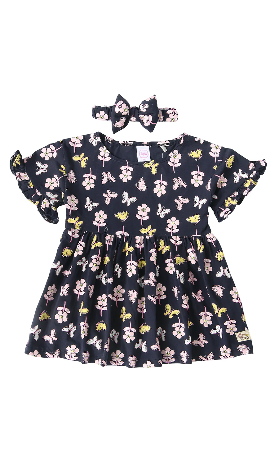 Girls Floral Butterfly Print Flutter Sleeve Dress & Headband Set Navy Blue