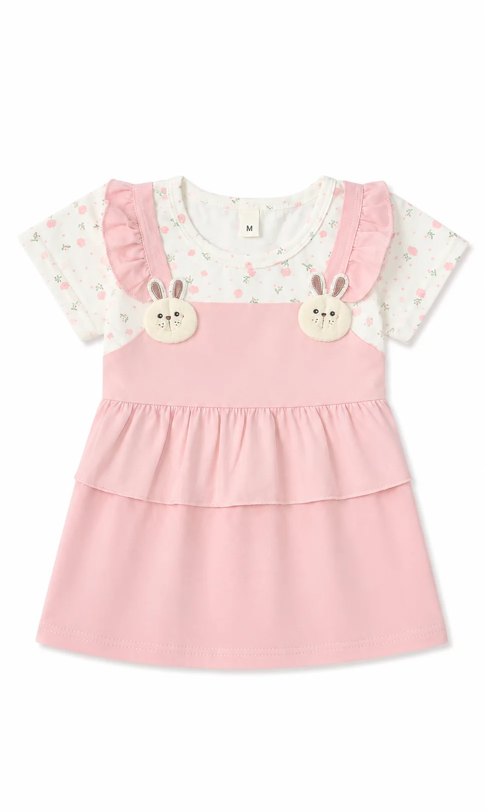 Girls Frock Baby Pink Pinafore Style Ditsy Floral Ruffle Collar 3D Bunny Appliqué