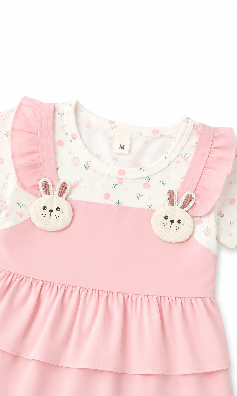 Girls Frock Baby Pink Pinafore Style Ditsy Floral Ruffle Collar 3D Bunny Appliqué - Image 2