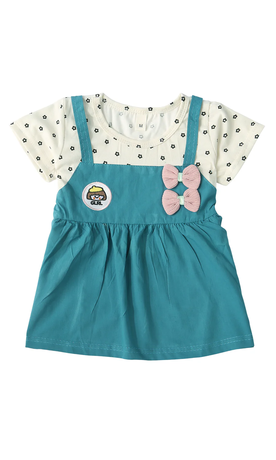 Girls Frock Teal Blue Pinafore Style Daisy Floral Tee GRRL Badge Double Pink Bow