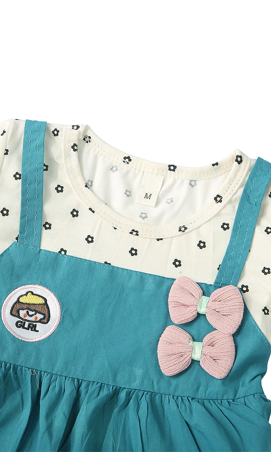 Girls Frock Teal Blue Pinafore Style Daisy Floral Tee GRRL Badge Double Pink Bow - Image 2