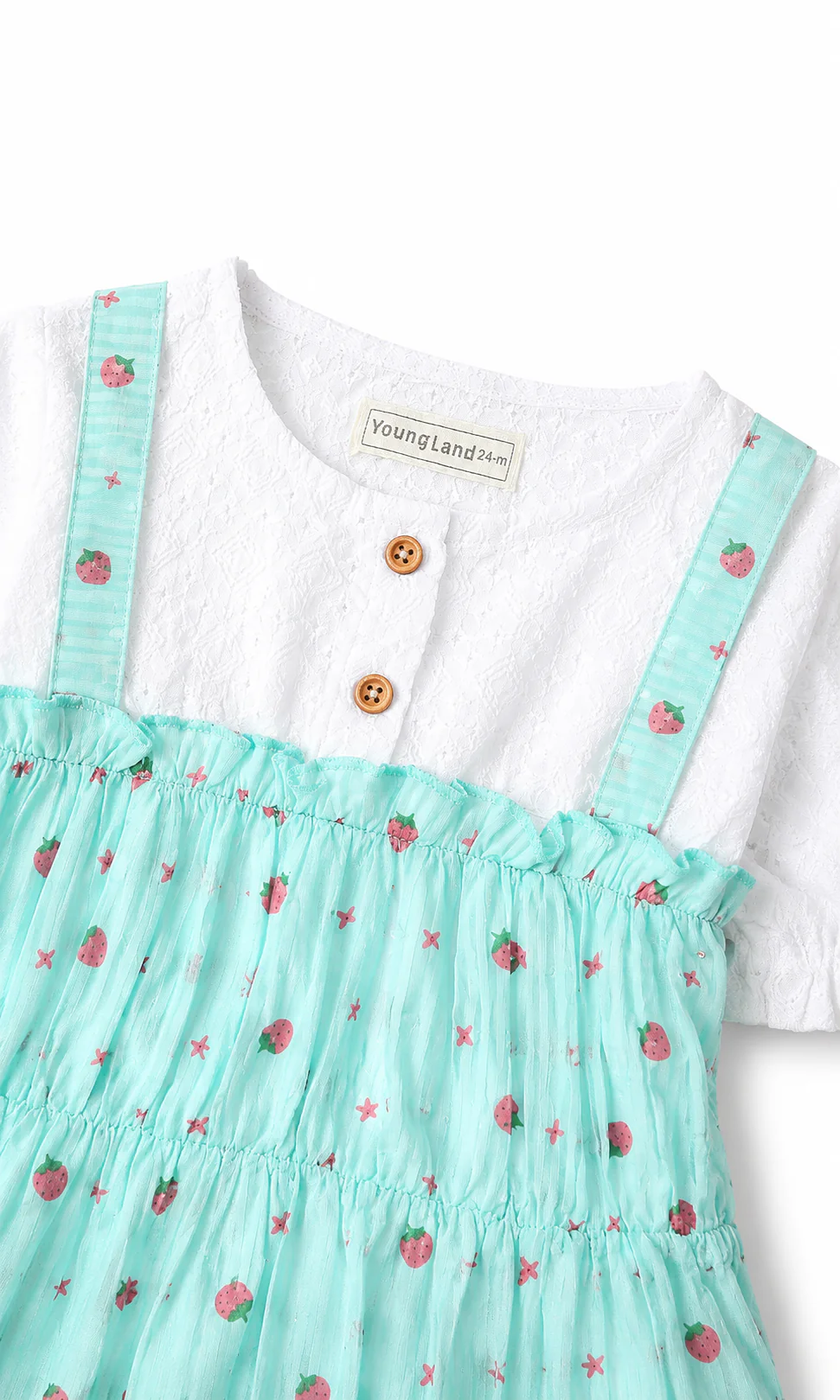 Girls Frock White Puff Sleeve Top Mint Green Strawberry Print Pinafore Set - Image 3