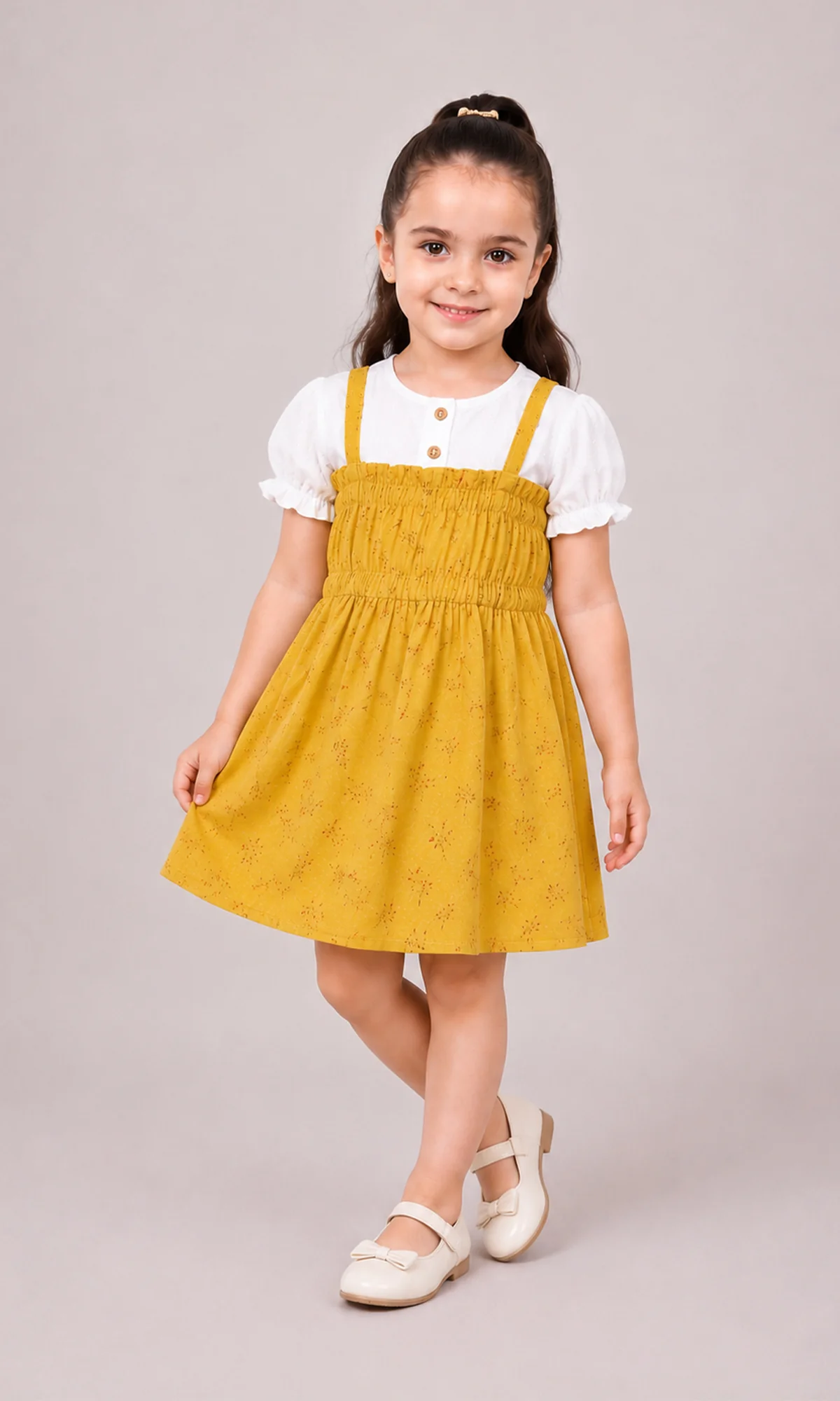 Girls Frock White Puff Sleeve Top Mustard Yellow Floral Branch Print Pinafore Set