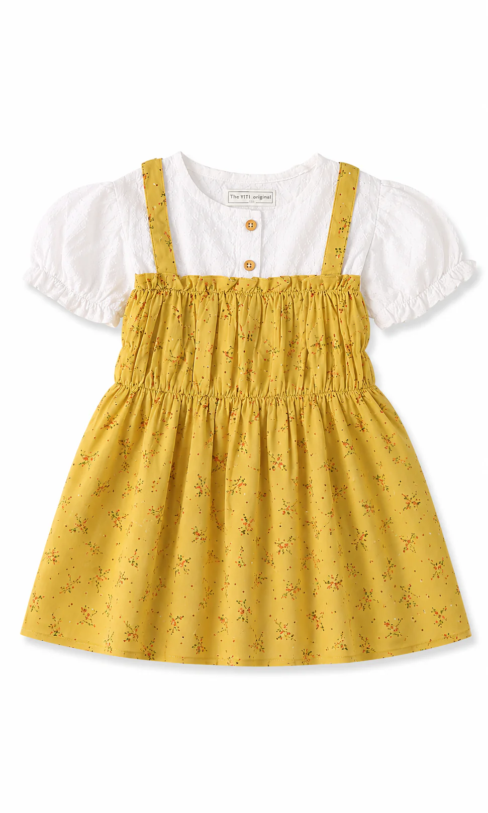 Girls Frock White Puff Sleeve Top Mustard Yellow Floral Branch Print Pinafore Set - Image 2