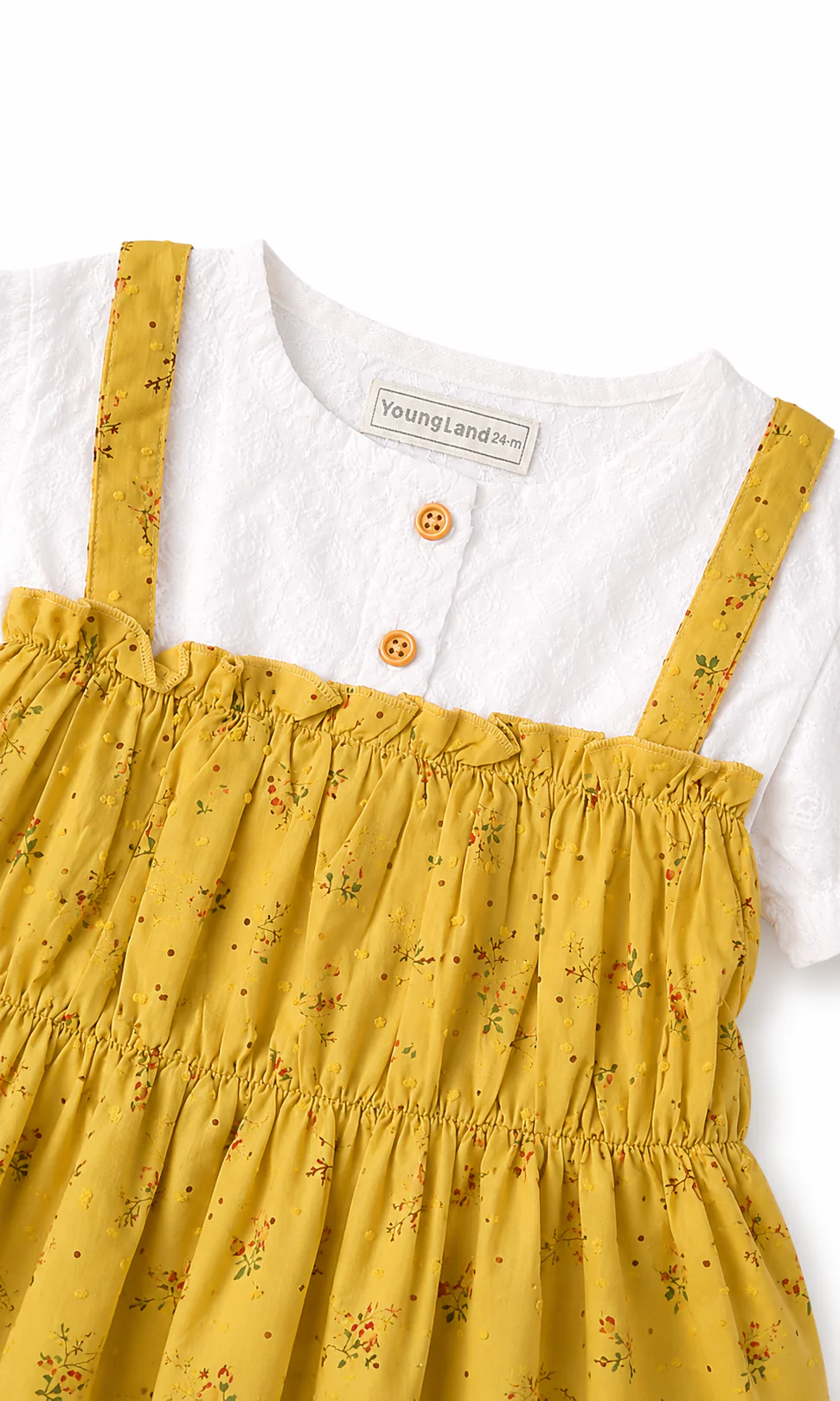 Girls Frock White Puff Sleeve Top Mustard Yellow Floral Branch Print Pinafore Set - Image 3
