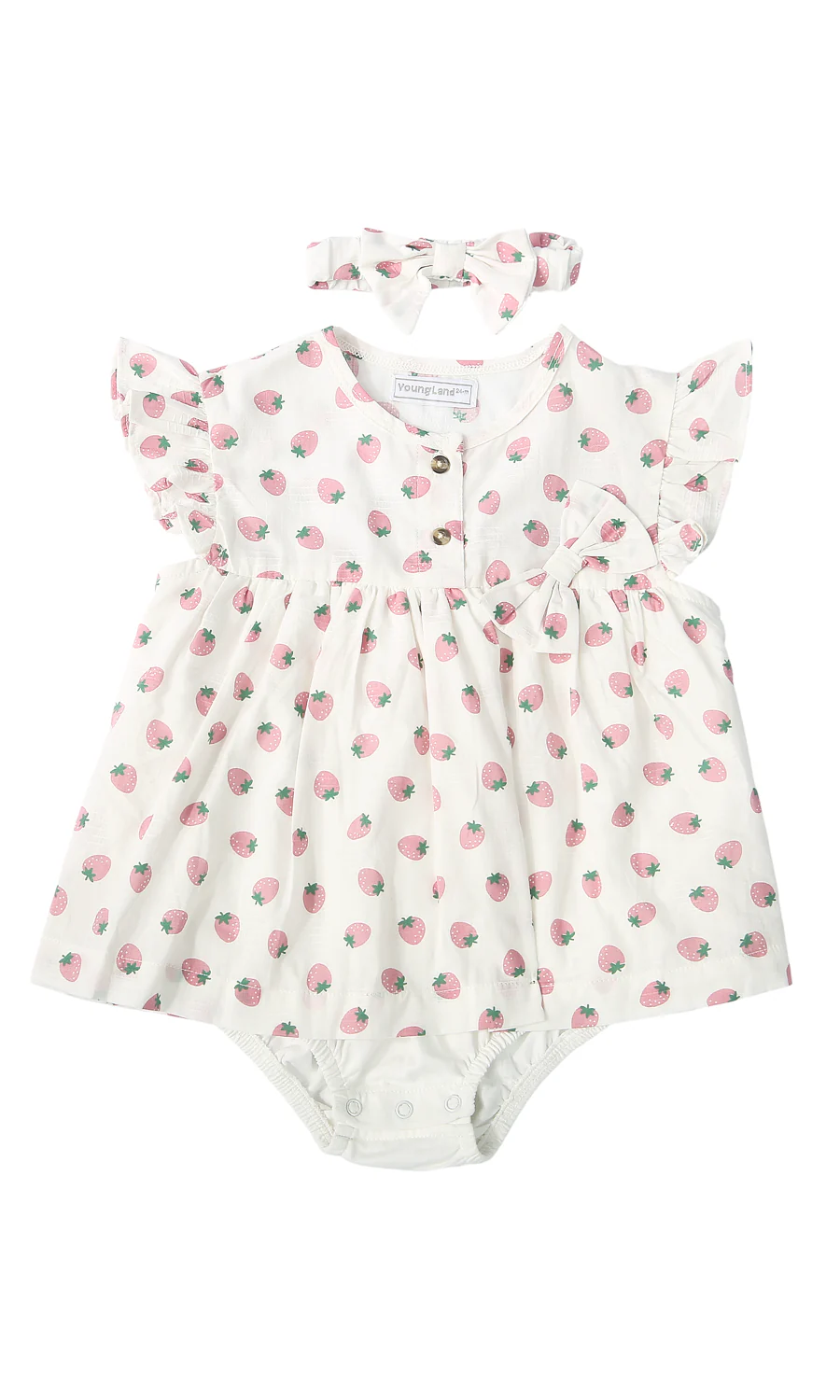 Girls Frock White Strawberry Print With Headband - Image 2