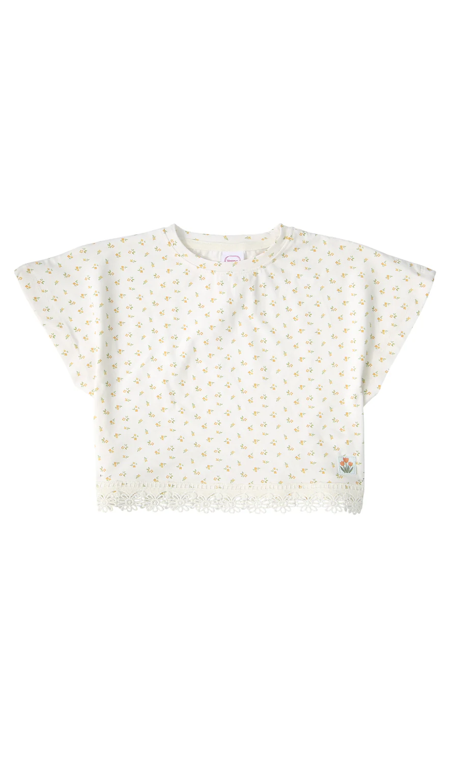 Girls Lace Trim T-Shirt Off White Ditsy Floral Print