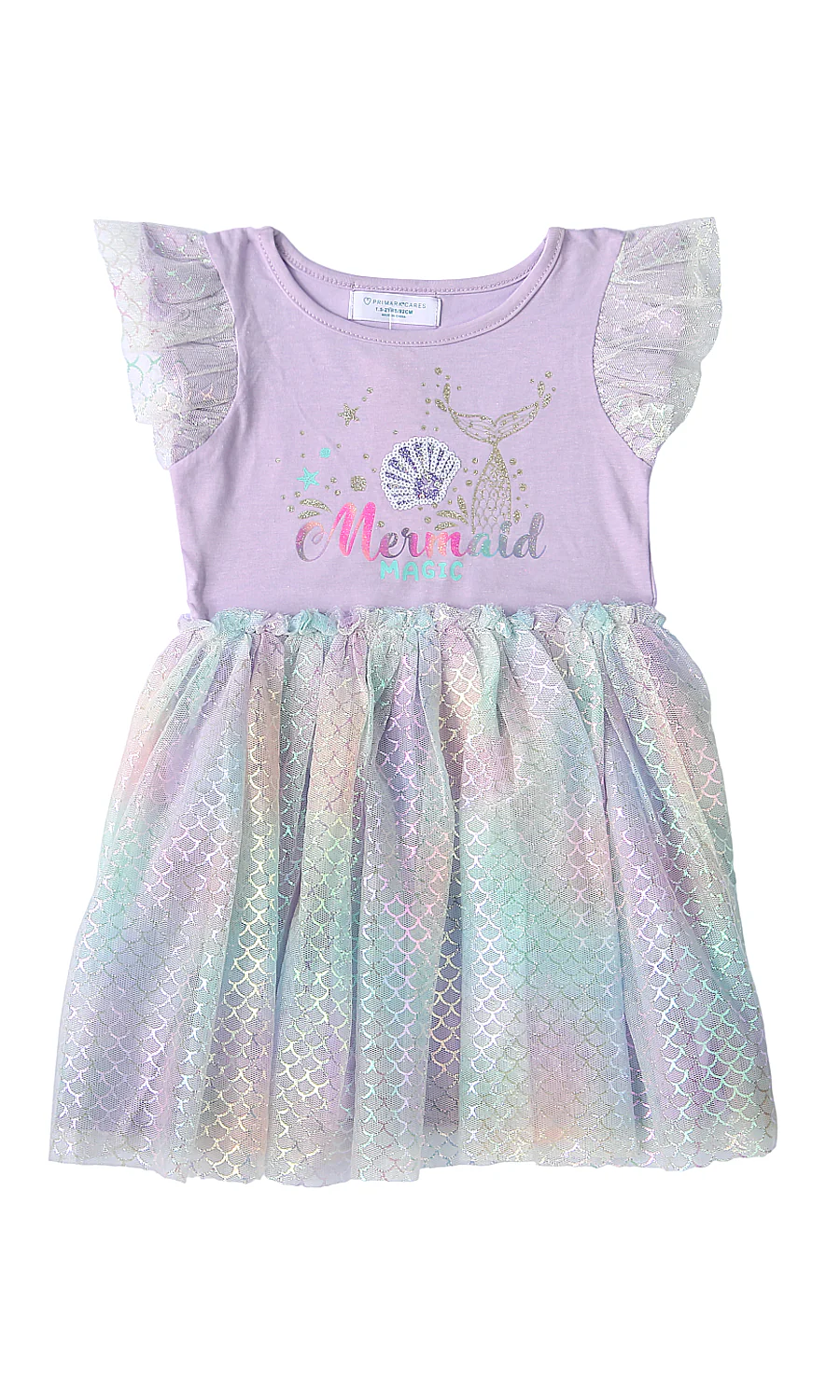 Girls Lavender Mermaid Print Iridescent Tulle Frock
