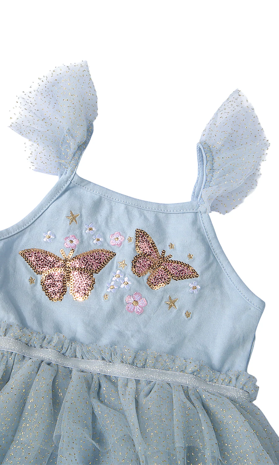 Girls Light Blue Butterfly Embroidery Glitter Tulle Frock - Image 2