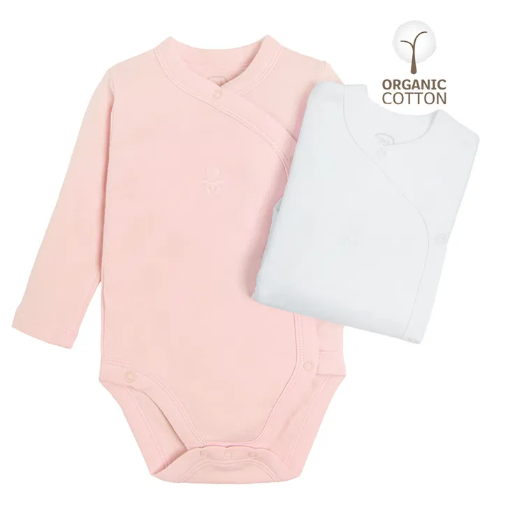 Girls Long Sleeve Bodysuit Organic Cotton Pink White Set 2 Pcs CC CUG2301914