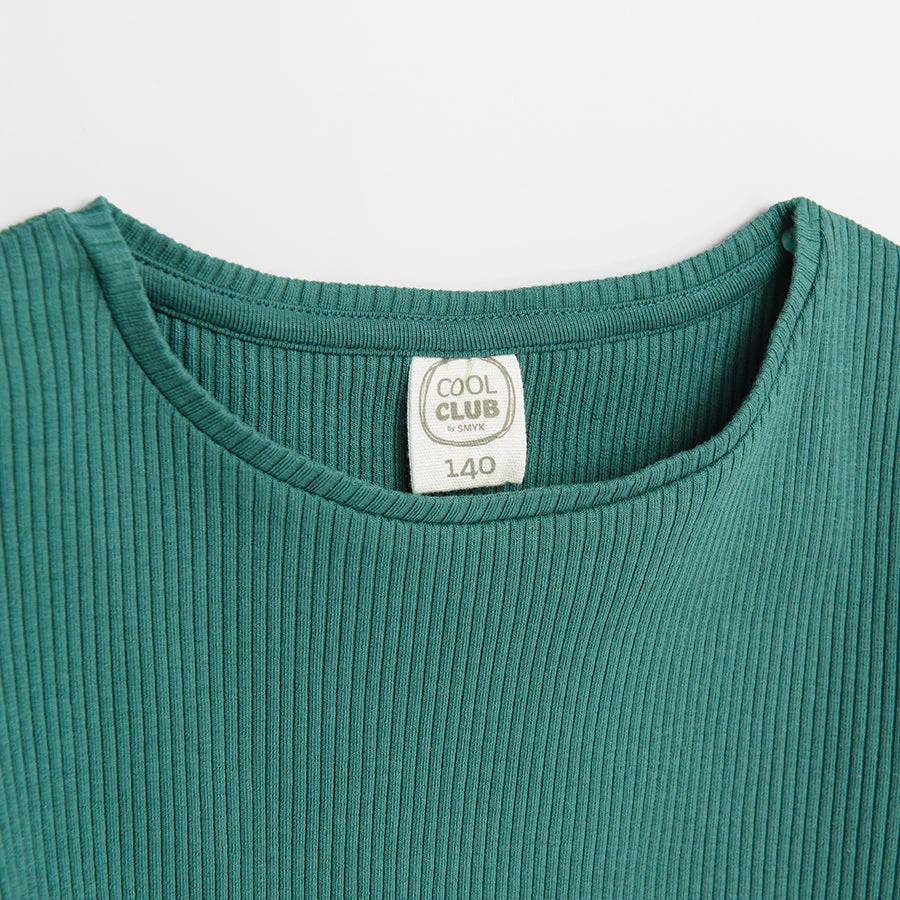 Girl's Long Sleeved Blouse Dark Green Ribbed Color - Image 2