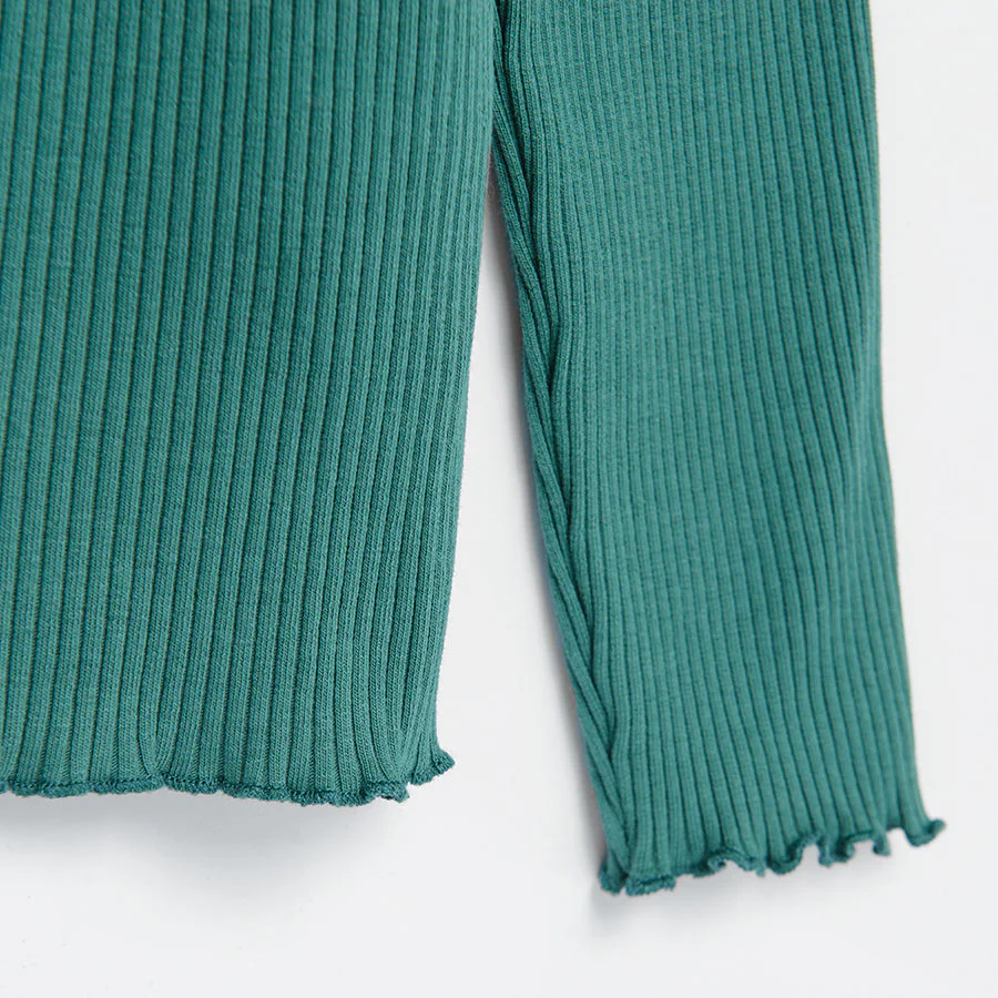 Girl's Long Sleeved Blouse Dark Green Ribbed Color - Image 3