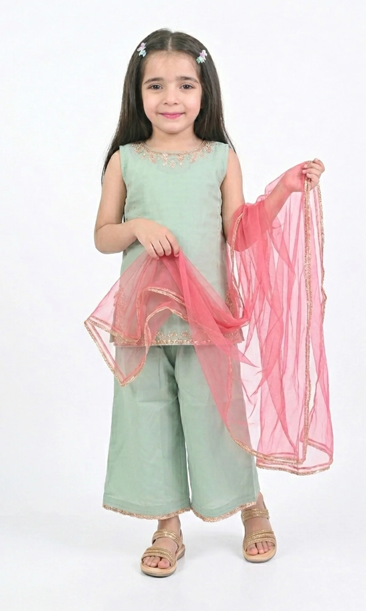 Girls Mint Green & Coral Embroidered Palazzo Suit - Image 2