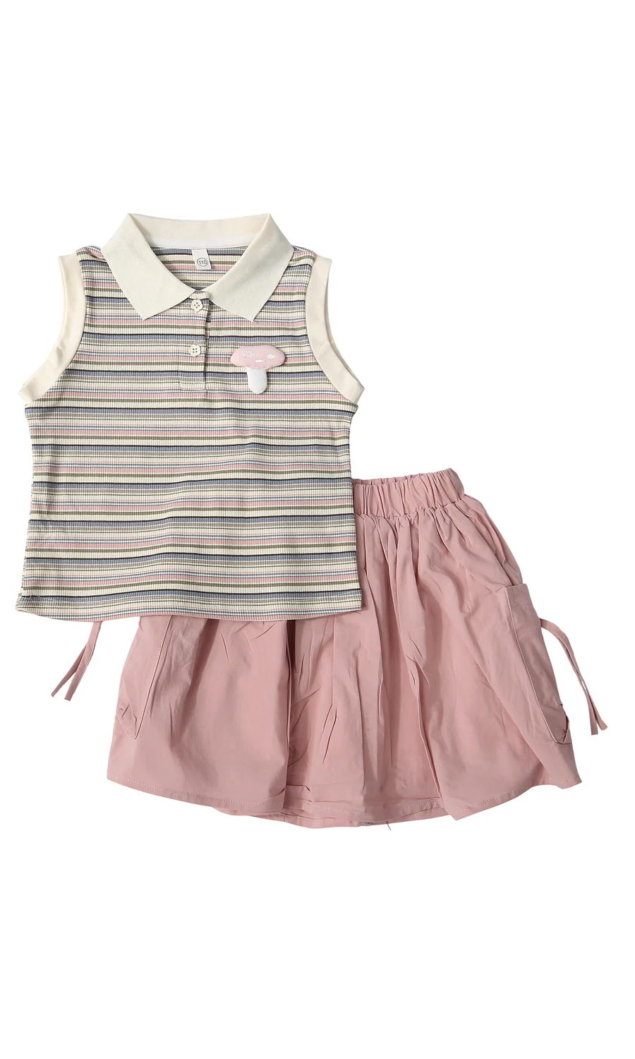 Girls Multicolour Stripe Polo Top & Pink Skirt 2 Piece Suit