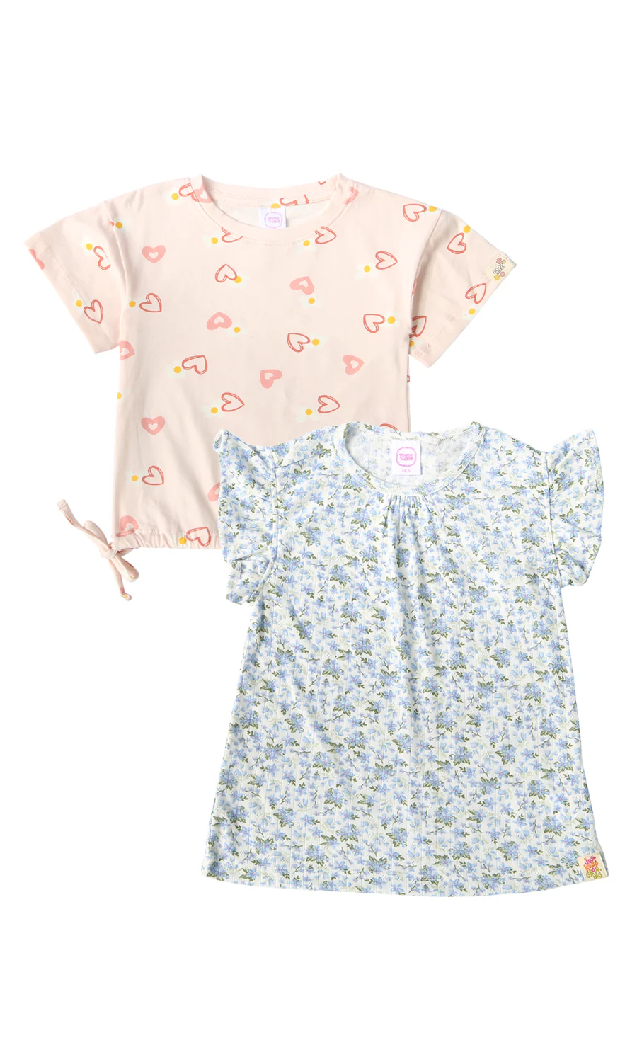 Girls Pack of 2 T-Shirts Heart Print & Floral Ruffle Sleeve