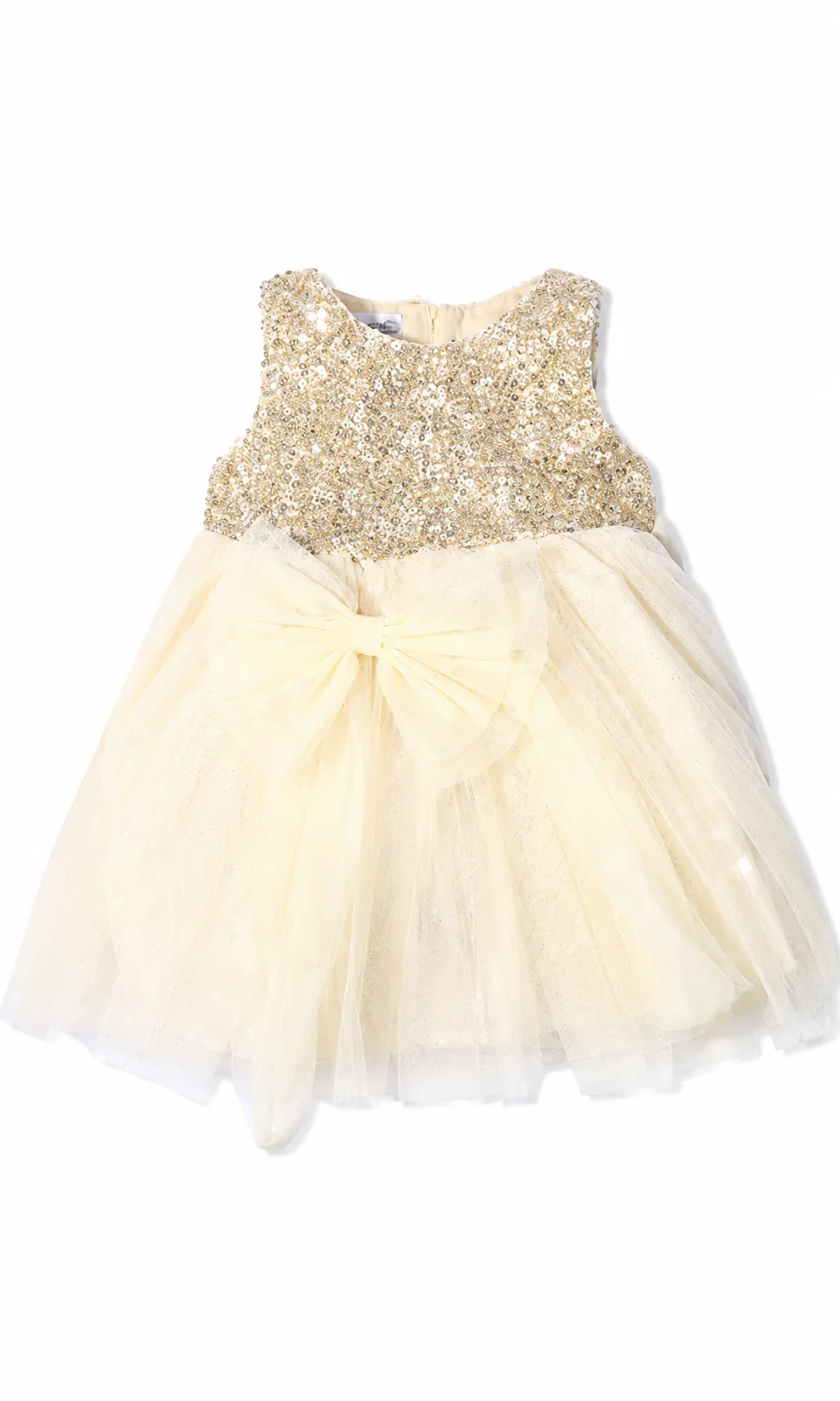 Girls Party Wear Frock Cream Gold Sequin Lace Bow Tiered Tulle