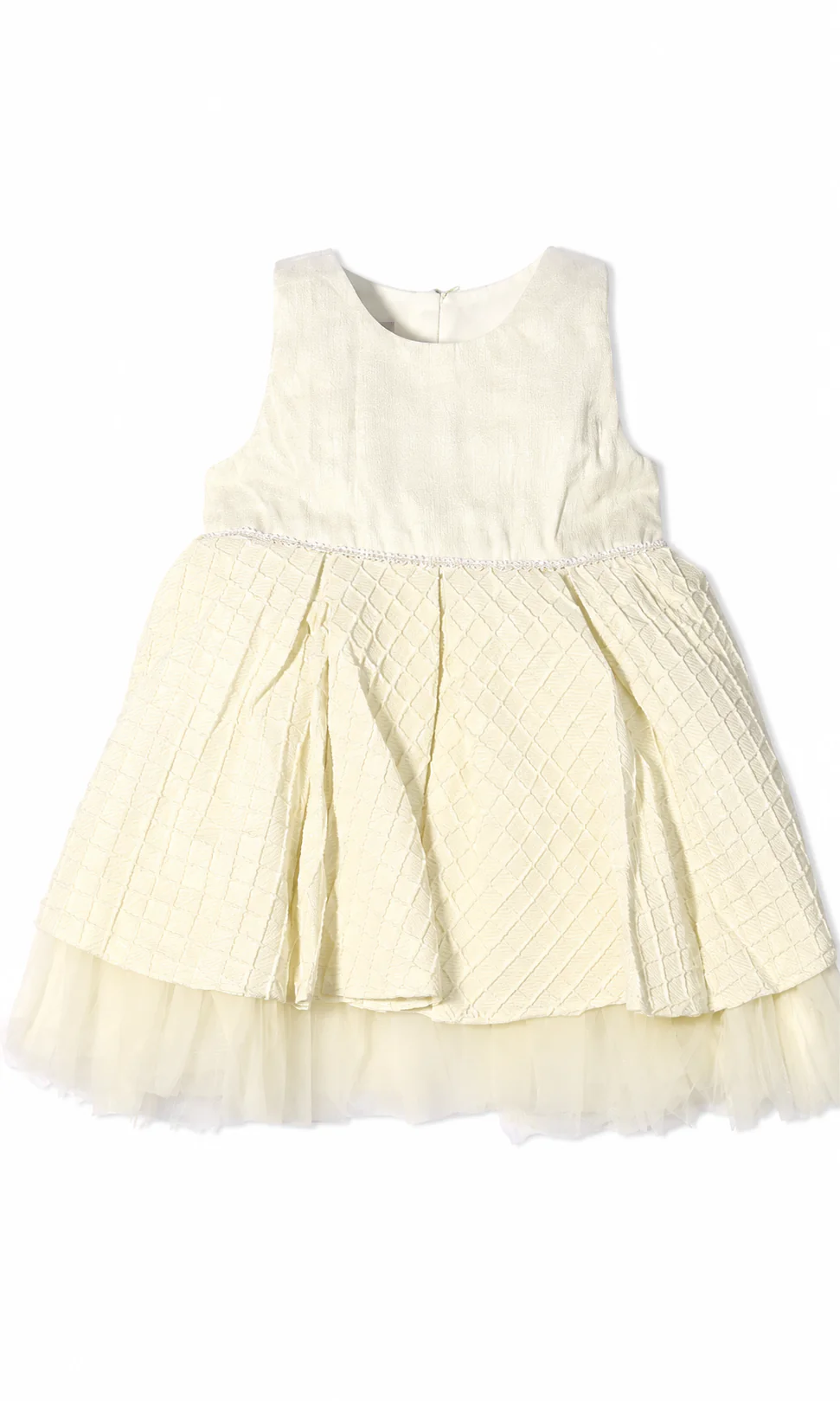 Girls Party Wear Frock Cream Jacquard Quilted Tulle Hem