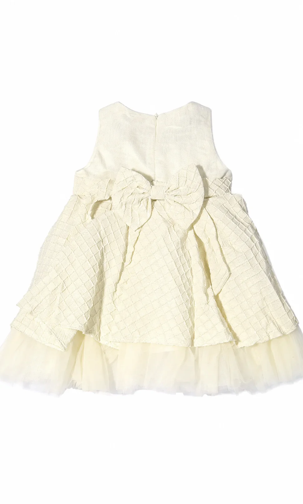 Girls Party Wear Frock Cream Jacquard Quilted Tulle Hem - Image 2