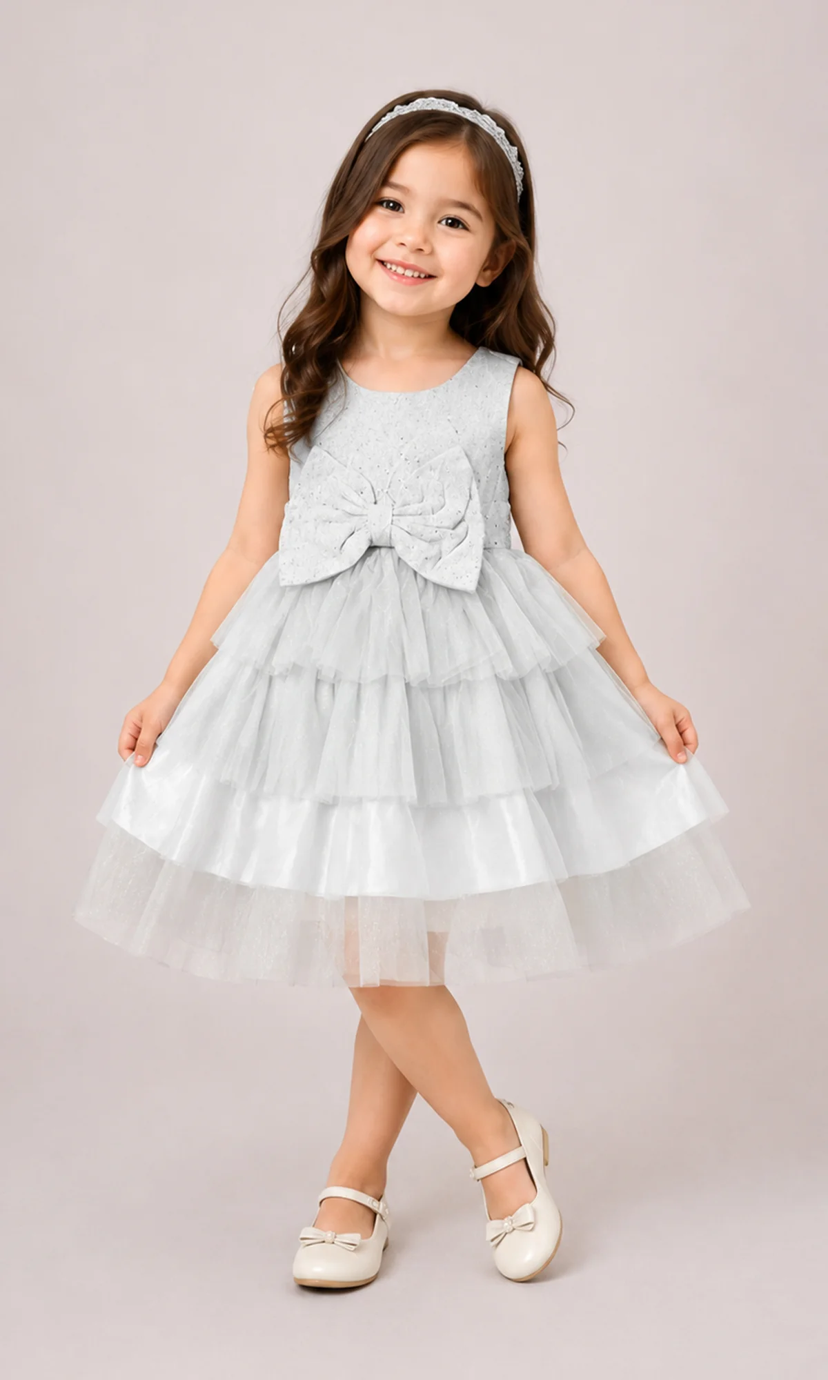 Girls Party Wear Frock Mint Green Glitter Lace Oversized Bow Tiered Tulle