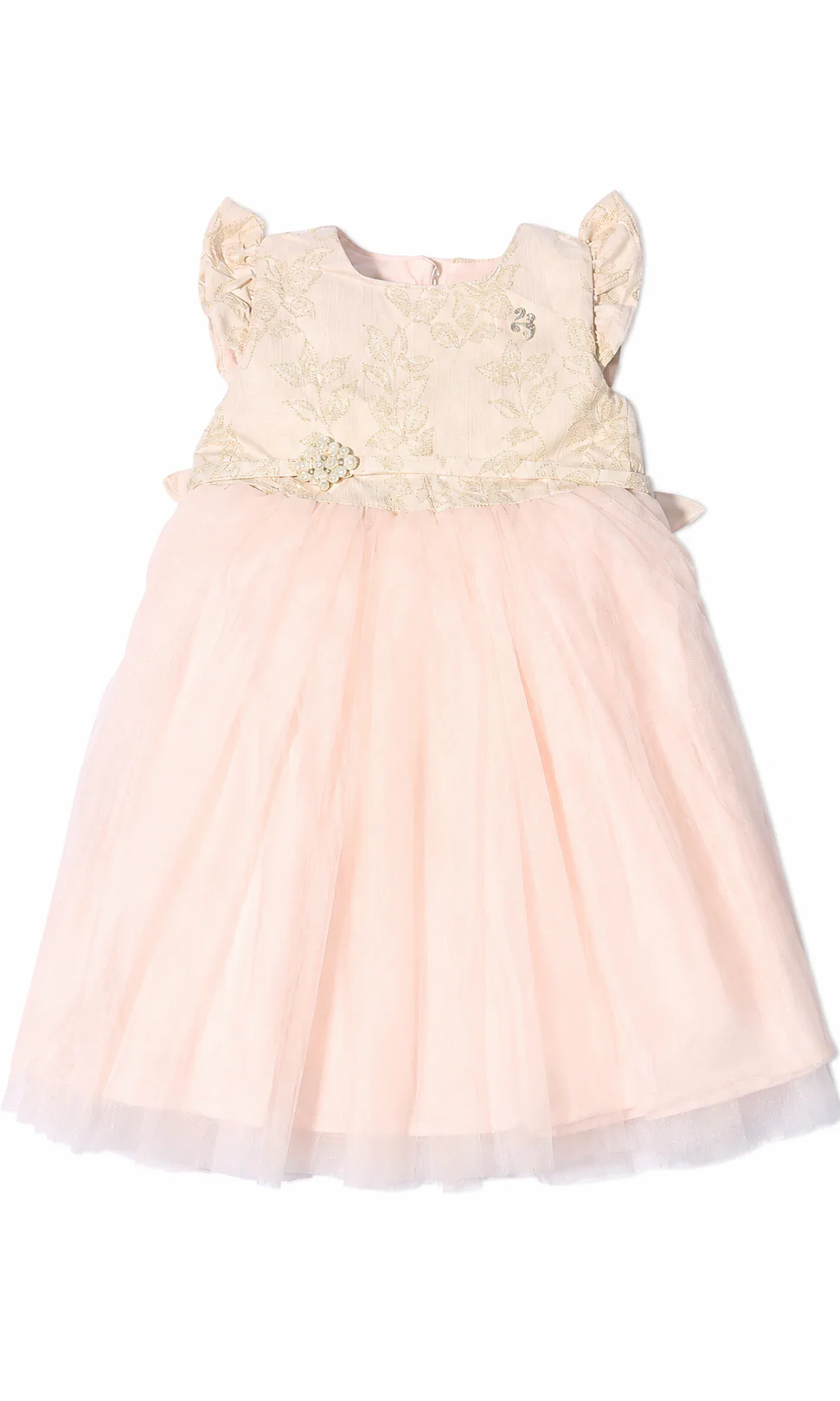 Girls Party Wear Frock Peach Gold Floral Embroidered Tulle