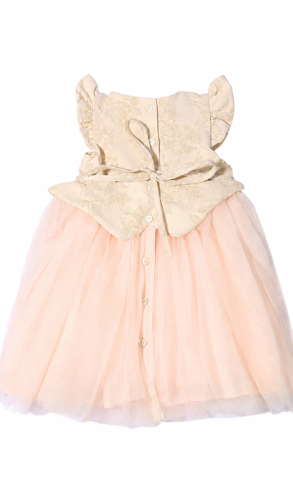 Girls Party Wear Frock Peach Gold Floral Embroidered Tulle - Image 2